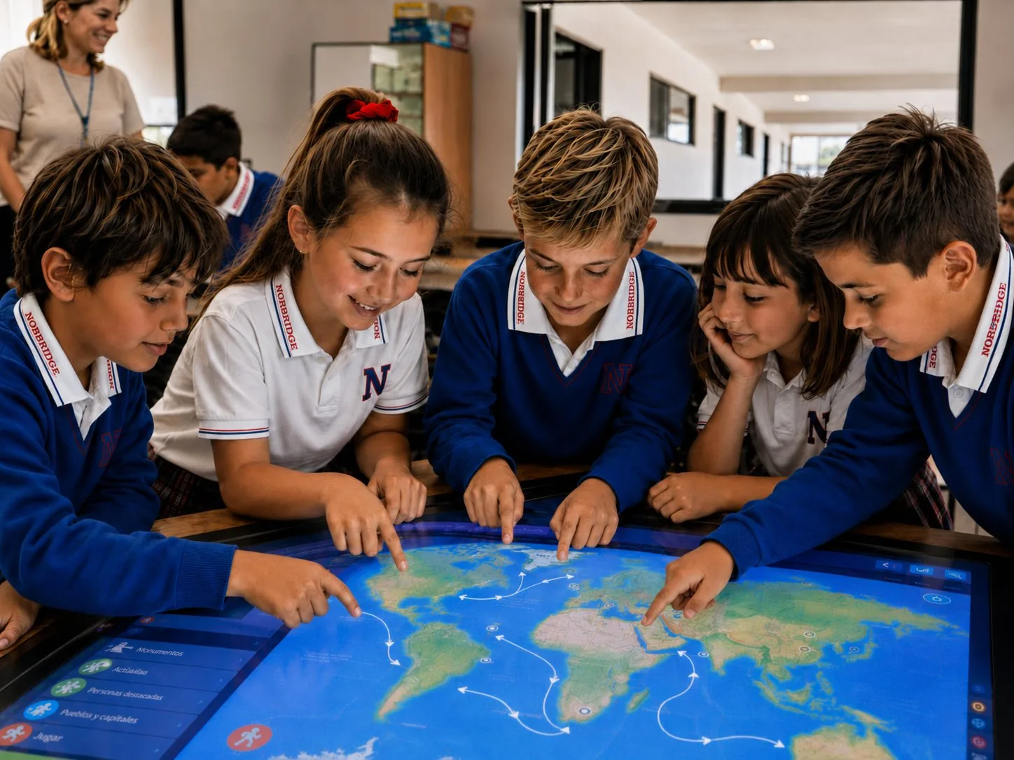 Alumnos trabajando en una mesa interactiva con un mapa del mundo